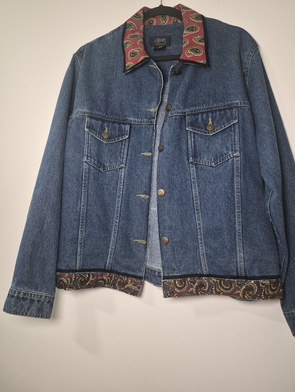 Vintage Agapo Collection Denim Jacket 2X Paisley Patchwork Velvet Boho Western